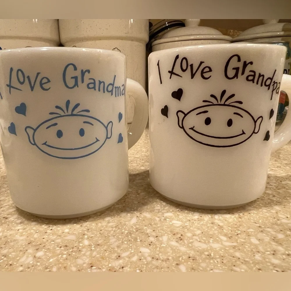 I love Grandma I love Grandpa Vintage Milk Glass Mugs Smiling Stick Figure Face